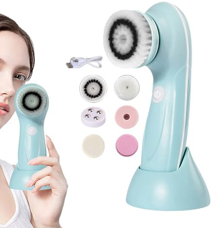 Fangfhai Cepillo facial eléctrico con 6 cabezales de cepillo, limpiador de piel recargable, dispositivo de masaje para frente, cuerpo, mejillas, nariz