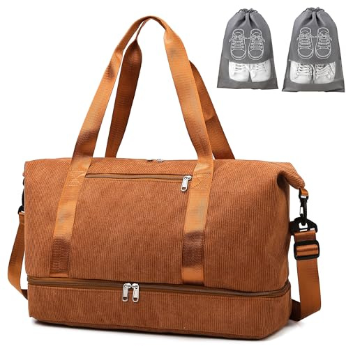 IBALULU sportväska resväska dam, 35 l weekender Travel Duffle Bag med 2 skopåsar, skofack och våtfack, snöre strandväska träningsväska handbagage, väska för gym, resor, semester, BRUN, Klassiska