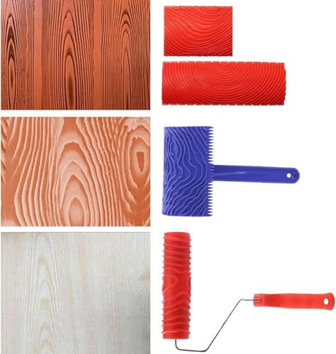 Herramienta para vetas de madera para decoración de paredes DIY, herramienta de pintura de goma para decoración de paredes, rodillo de textura, 4 piezas, rojo, azul