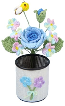 Magicherry Färdig virkad ros blomma pennhållare handgjord pennkoppsställ sminkborsthållare dekorerad med stickade rosor och puffblommor skrivbordstillbehör för kontorsorganiserare, gradient blå
