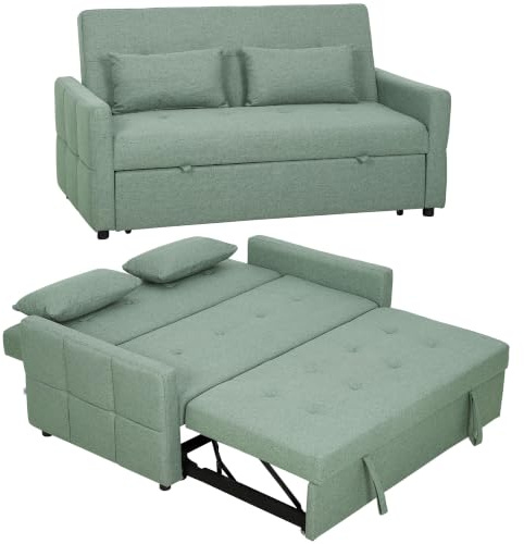 HOMCOM 2 Seater Sofa Bed Click Clack Sofa Pull Out 137x179cm Light Green | Sleeper, 2 Pillows, High Density Foam, Wide Seat, Linen Convertible Loveseat Bed Settee, Living Room