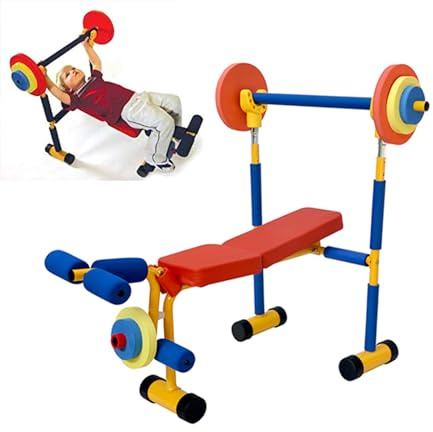Ensemble de banc de musculation pour enfants – Équipement d'exercice de fitness pour enfants de 3 à 8 ans, sport intérieur/extérieur avec presse pour jambes et barre pour débutants