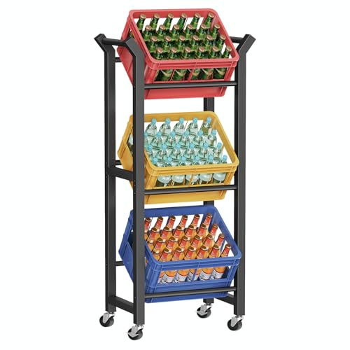 HOOBRO Vinställ med 3 nivåer för 3 dryckeslådor, med 4 hjul (2 låsbara) och handtag, varje hylla med 75 kg, för kök, matsal och vardagsrum, svart EBK206CJ01