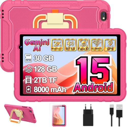 Tablet niños 10 Pulgadas Android 15 con Gemini AI 30 + 128GB (TF 2TB), Octa-Core, GPS, WiFi 6, Widevine L1, 8000mAh, Control Parental, Protective Antichoque Eva + Soporte giratorio de 360° -Rosa