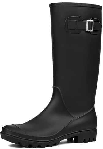 DKSUKO Women's Tall Rain Boots Garden Boots Waterproof Wellington Rubber Boots(8 B(M) US, Matte Black)