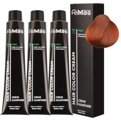 FemMas Haarfarbe 3x Mittelblond Kupfer 7.4 I Creme Haarfarbe mit Arganöl, Keratin & Ceramiden I Als dauerhafte Haarfärbung oder Tönung für strahlende, haltbare Farbergebnisse I 100 ml