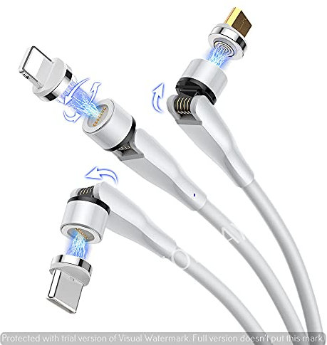 TECHNOPLAY 3 in 1 LED Magnetic fast Charging and data sync Cable compatible with iPhone, i Pad, galaxy, Note, Huawei, HTC, Sony, LG, and various smart phones (White 540 degree rotation)