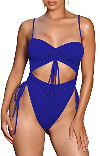 Viottiset Women's Drawstring Cut Out One Piece Swimsuit Cheeky Bathing Suit Monokini Blue X-Large