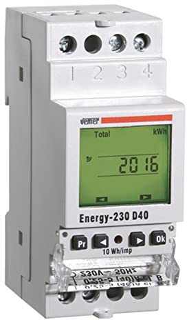 VEMER VE429710 ENERGY-230 D40 - Contatore Energia Elettrica Attiva Monofase Prelevata e Immessa, Misuratore di Consumo Elettrico Digitale con Display LCD, Installazione Barra DIN, Bianco
