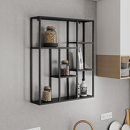 [en.casa] Scaffale da Parete con Scomparti Aperti Scaffale Pensile in Acciaio Mensola da Muro Libreria da Parete Stile Industriale 90 x 75 x 18 cm - Nero, opaco