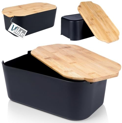 Vilde Brotkasten mit Holzbrett Schwarz - Brotkorb - Brotbox - Brotbehälter - brottopf zum aufbewahren - Bread Box - Brot Aufbewahrungsbox - 33x18,5x12 cm