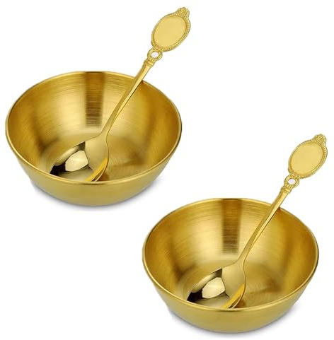 2 Set Dipping Bowl Set Stainless Steel Golden Dip Bowls Snack Serving Dishes Bowls Small Bowls for Dips Ingredients Appetizer Sauce Bowls with Spoon for Home Kitchen