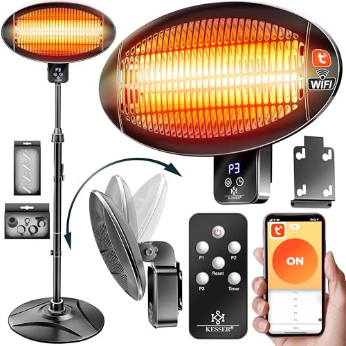 KESSER® Stufa a infrarossi, 2000 W, con WiFi e telecomando, girevole a 360°, regolabile in altezza, supporto e montaggio a parete, protezione antiribaltamento, IPX4, resistente agli spruzzi d'acqua,