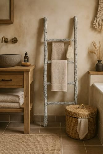 Biscottini Escalera toallero baño 128 x 32 x 3 – Escalera decorativa de madera – Escalera de madera para colgar toallas – Escalera toallero – Escalera toallero de pared de metal, bambú
