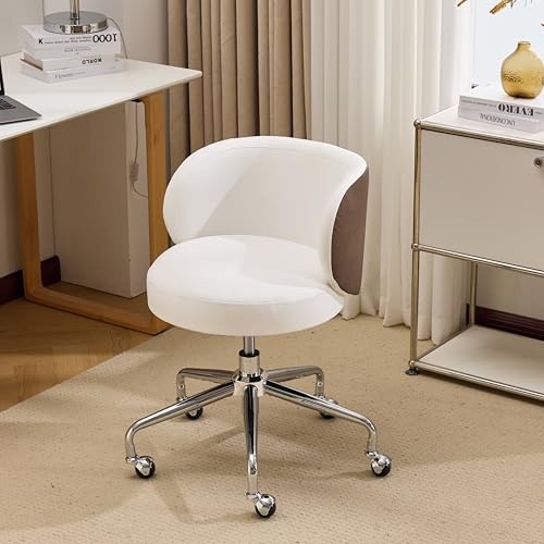 VINGLI Cute Small Swivel Desk Chair Comfy with Wheels,Ergonomic Low-Back Lumbar Support Vanity Nail Tech Rolling Task Stool Chair for Home Office,Height Adjustable,PU Leather White&Suede Khaki