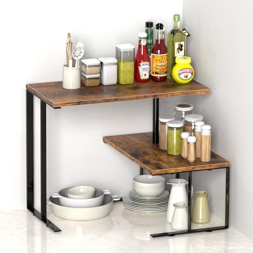 Nandae Organizador de Cocina Ajustable a Cualquier Esquina - Estante de 2 Niveles con Ángulo Personalizable (90°/180°+) para Instalación en Rincones - Madera y Metal, Ideal para Baño o Escritorio