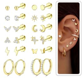 JeweBella 12 Pares Pendientes Mujer Plata Piercing Oreja Acero Quirurgico 316L Hipoalergenicos Pendientes Dorados Pequeños Aros Piercing Tragus Helix Cartílago para Mujer Hombre Oídos Sensibles