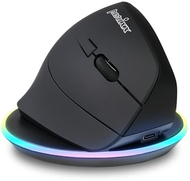 Perixx PERIMICE-715RX Wireless Rechargeable Vertical Mouse - Duo Wired and Wireless Charging Feature - Charger Included - Right-Handed - Black