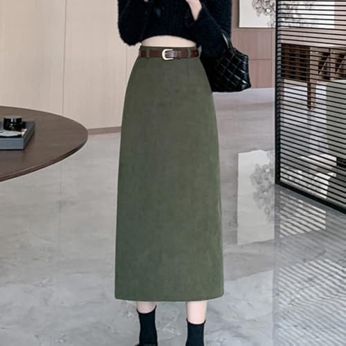 Falda de mujer de moda de longitud media en pana, con una cintura alta favorecedora y un elegante diseño de abertura (verde L)