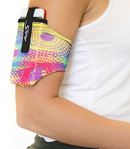 Sprigs Phone Armband for Running, Stretch Sleeve Arm Holder for iPhone 17, Samsung Galaxy S26 & Google Pixel 11, Fits Smartphones with Case for Jogging & Walking - Spin Art, Medium