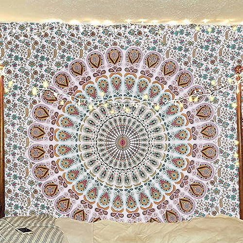 Bless International Indian hippie Bohemian Psychedelic Peacock Mandala Wall hanging Bedding Tapestry (Floral Gold, Twin (54x72Inches)(140x185cms))