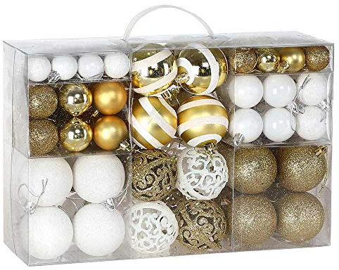 BAKAJI Confezione 100 Palline di Natale Diametro 3/4/6 cm Addobbi e Decorazioni per Albero di Natale (Bianco Oro)