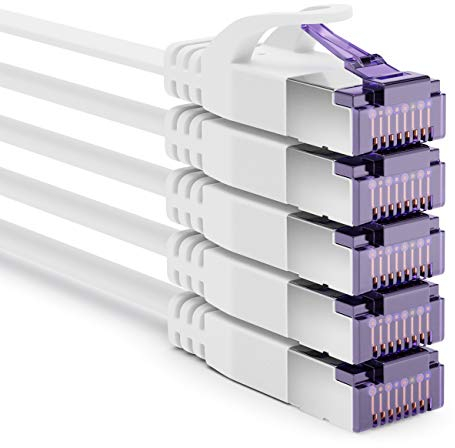 deleyCON 5x 0,25m Plat CAT7 Câble Réseau (CAT 7 avec 10 Gbit/s) Gigabit LAN - RJ45 Ethernet Court Câble de Raccordement Plat - pour Internet Switch Routeur Modem Panneau de Brassage - Blanc