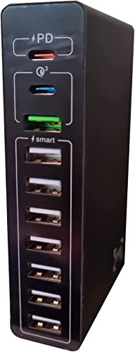 Stazione di Ricarica USB C 65W, USB Charging Station 10 Porte, 1 USB C PD + 1 USB C QC3.0 + 1 USB A QC3.0 + 7 USB Smart 2.4A
