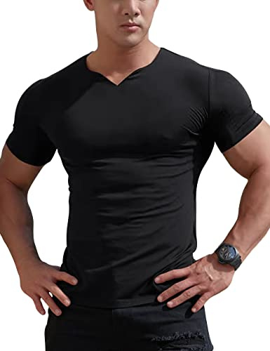 YCHSXAIZ Magliette atletiche in Rete da Uomo con Scollo a V Diviso per Bodybuilding in Palestra Color Black Size S
