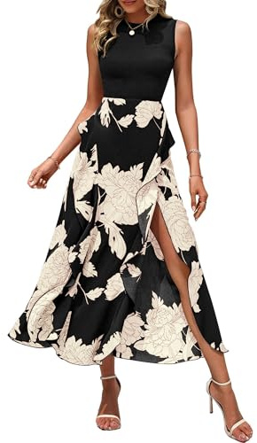 BTFBM Women Casual Sleeveless Summer Dresses 2025 Spring Crewneck Patchwork Boho Floral Ruffle Cocktail Party Midi Dress(White Floral Black, Large)