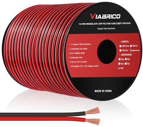 VIABRICO 16AWG 50FT 2-Conductor Red Black Wire for LED Lighting Strips - Flexible 16 Gauge Copper-Clad Aluminum 12V/24V DC