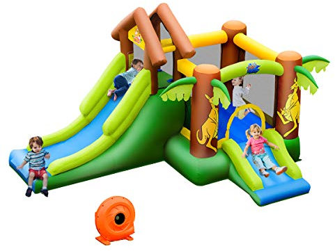 GYMAX Inflatable Bouncy House, Kids Jumping Castle with 2 Slides, Climbing Wall & Basketball Hoop, Children Slide Bouncer for Outdoor Indoor(6 in 1 With 520W Blower)