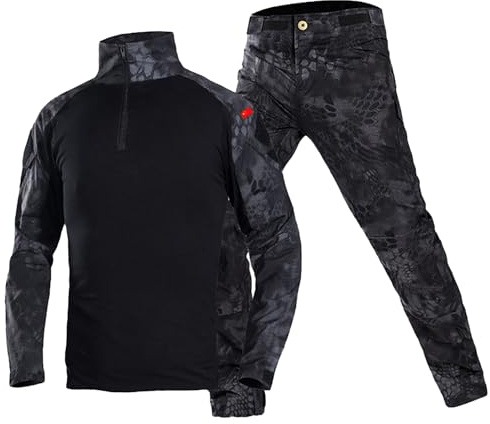 QIYUANT Children's Tactical Camo T Shirt & Pants Sets Airsoft Military Camouflage Spring Summer Autumn Combat Hunting Hiking Camping Outdoor (Black Python/Shirt + Pants, 180)