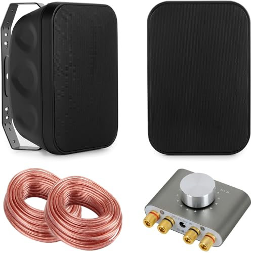 McGrey OLS-5251BK Zwei-Wege HiFi Outdoor-Lautsprecher - 50 Watt - Schwarz - mit Bluetooth Set - inklusive Mini-HiFi-Verstärker und Lautsprecherkabel