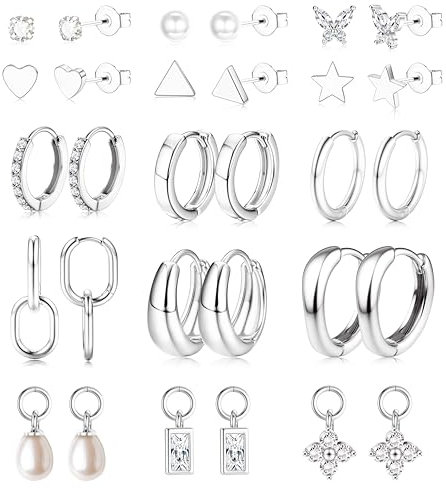 Diamday 12 Paar Hypoallergene Ohrring Set Für Damen Chirurgenstahl Ohrringe Silber Ohrringe Damen Creolen Piercing Ohr Silber Medizinische Creolen Ohrstecker Tragus Knorpel Helix Mehrfache Piercings