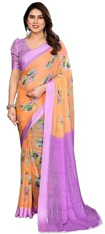 ETHNICMODE Indian Saree For Women Printed Georgette Light Weight Party Wear Orange Sari With Unstitched Purple Blouse Piece-1198