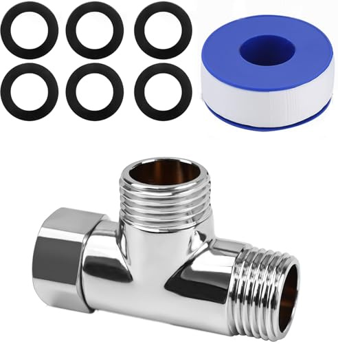 T-koppling 1/2 tum rostfritt stål - 3-vägs vattenfördelare med 6 brickor och PTFE-tejp - adapter för dricksvattenkran (20 mm)