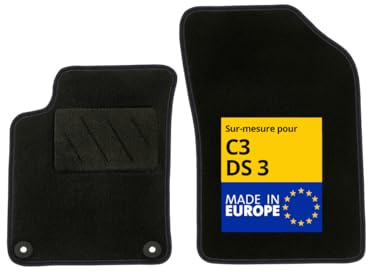 DBS - Tapis de Voiture sur Mesure - Adapté à Votre Citroen/DS C3 / DS3 (11/2009-07/2019) - Antidérapant : Clips de Fixations et Scratch - Tapis de Sol Avant 2 pièces - Moquette - Noir