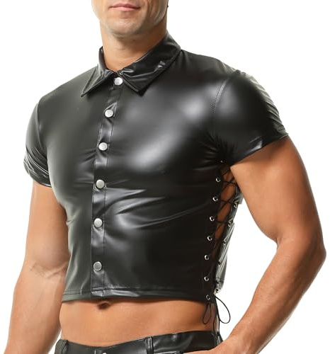 Men's Faux Leather Vest Tank Top Shirt Sleeveless Shirt Wet Look Undershirt Round Neck Shirt Nightwear Vest