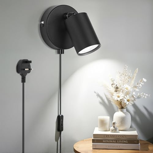 TaoFiaCo 7 W Plug in Wall Light for Bedroom GU10 Indoor, Black | Wall Light Plug in Cord, Wall Sconce Lights for Bedroom Living Room Kitchen, 1.5 m Power Cord, Bulb Not Included