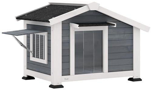 PawHut Hundehütte wetterfestes Hundehaus aus Holz mit herausnehmbarem Boden Asphaltdach öffnendem Fenster Türvorhang 98 x 76 x 69,5 cm Outdoor Hütte für mittelgroße Hunde bis 20 kg Indoor Outdoor Grau