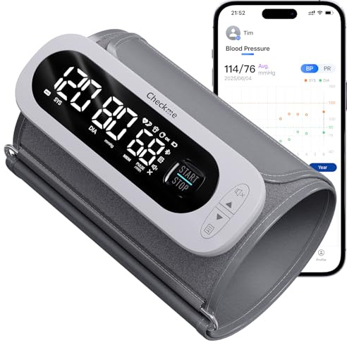 CheckMe Tensiometre Bras Connecté avec Vocale, Brassard Sans Fil (22-42 cm), Grand Écran, Moyenne de 3 Mesures et Précision Professionnelle – App pour iOS/Android