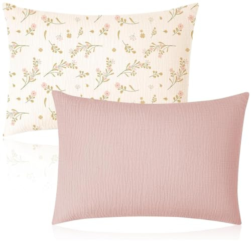 2 Sets of Toddler Pillowcases, Made of Cotton Plain Weave Fabric, Soft and Breathable, Suitable for Toddlers and Infants (Light Pink, Floral Pattern)