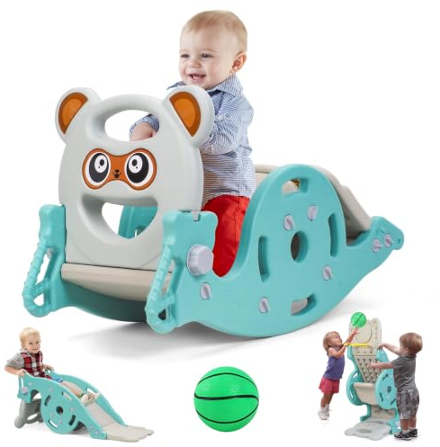 Altsuceser Toboggan Enfant 4 en 1 avec Cheval à Bascule et Panier de Basket – Jeu Extérieur Intérieur pour Bébé 1-6 Ans, Design Cartoon Sécurisé, Capacité Charge 40 kg, Facile Vert