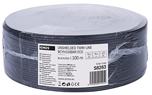EMOS Cavo in rame 2 x 1,0 mm2, 100 m, cavo a doppio filo in CCA a bassa tensione, nero con marcatura di polarità