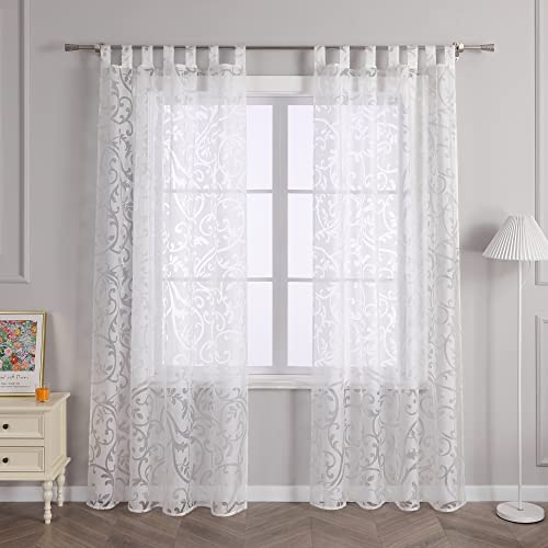 Delien Voile Ausbrenner Gardine mit Ranken Muster transparenter Vorhang mit Schlaufen Wohnzimmer Gardinenschals BxH 140x225cm Weiß 1 St.