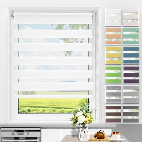 Allesin Store Enrouleur Jour Nuit sans Perçage, Facile à Installer avec Clips pour Fenêtre ou Porte, 65l x 200L cm, Largeur du Tissu 65 cm, Blanc