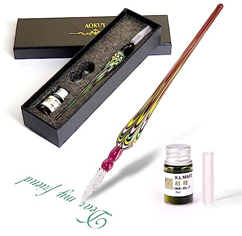 AOKUY Pluma de Cristal, Glass Dip Pen Set-Pluma,Firma de Vidrio a mano con portalápice Pluma para manualidades, escritura, firmas, decoración y regalo de negocios