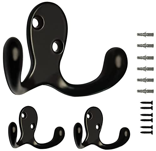 3 Pack Black Double Prong Coats Towel Hooks For Bathrooms Wall Mounted Shower Rustproof, 1.37 Oz Retro Wall Hooks Heavy Duty Hanging Towels Coat Hat Loofah Robe Key Scarf Bag Cap Kitchen Accessories