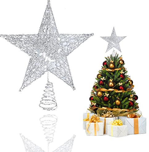 YEAP Étoile pour Sapin de Noël - Topper en Métal Scintillant - Star Treetop Creux - Décoration Pentagramme - Ornement pour Fête, Argent